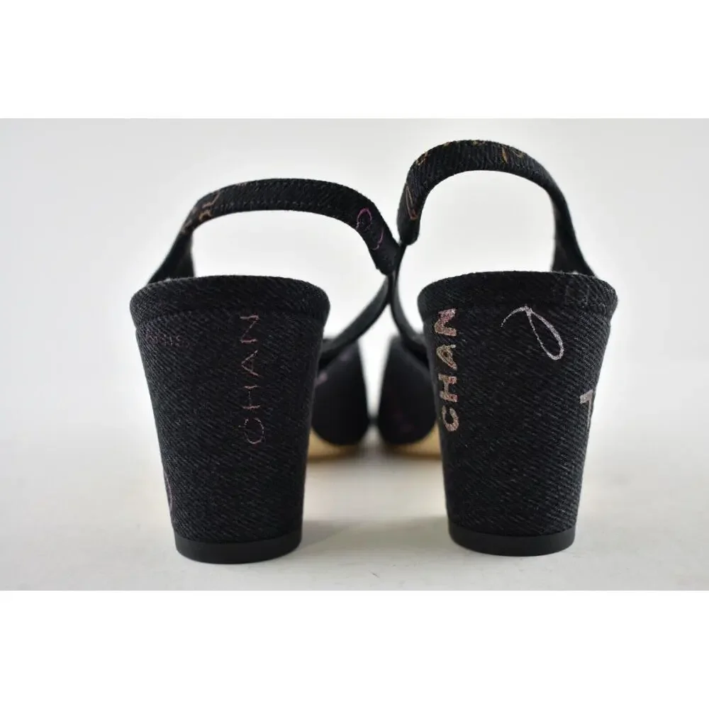 Chanel 22P Mademoiselle Coco Sling Black Grey Denim Slingback Sandal Heel 37.5 - Picture 11 of 12